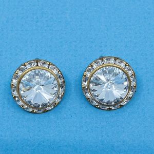 Rhinestone and Gold Round Clip Earrings